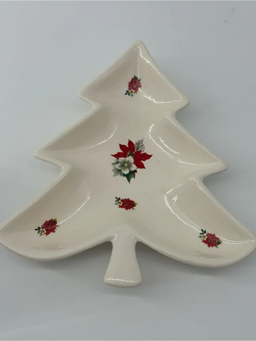Cream Ceramic Christmas Tree Serving Tray with Red Poinsettia Motif